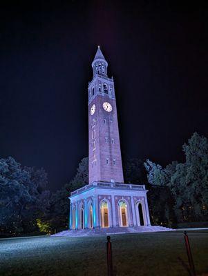 Morehead-Patterson Bell Tower illuminated in Carolina blue with 2024 on the side. I took this photo on Sunday May 12, 2024 at 10:01 PM ET.