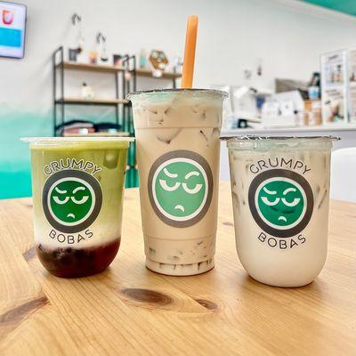 Strawberry matcha w/ bubbles, Roasted oolong milk tea with aloe, and Coco for Bananas.