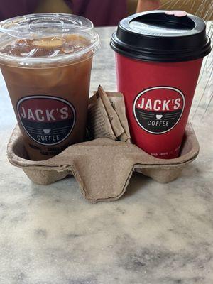 Our order from Jack's Stir Brew Coffee, vanilla latte, and cold brew coffee.