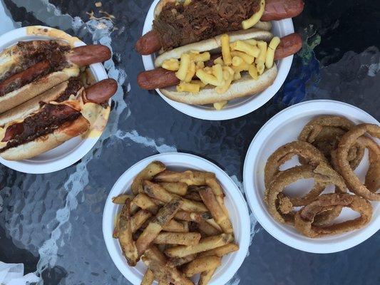 Mac n cheese dog, pulled pork mac n cheese dog, chili cheese dogs