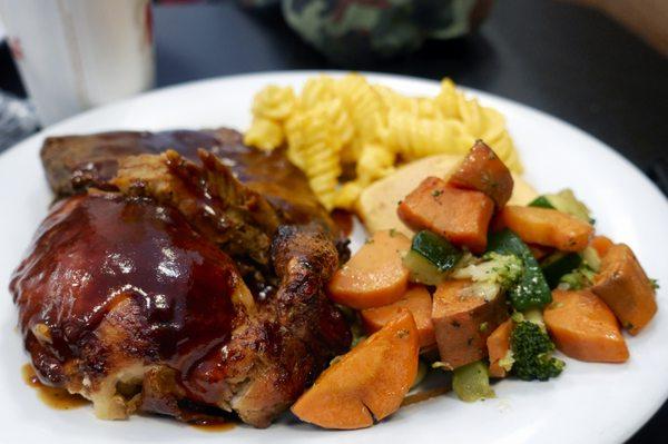 Quarter Chicken with Quarter Rack of BBQ Ribs, with Mixed Vegetables, Corn Bread, and Mac & Cheese