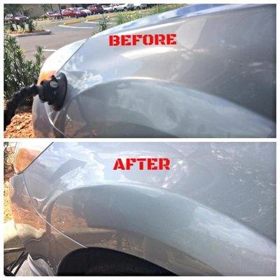 Dents removed from the front fender of a 2016 Subaru.  Call today to get your dents removed.