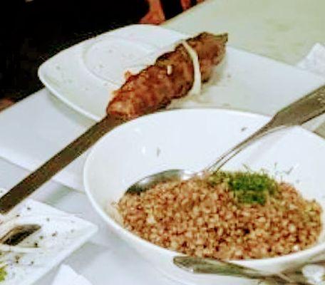 Has anyone heard of liver kebobs? Not me!  Skewered with Russian-style bacon in between, with buckwheat and fresh onion, this was devine!