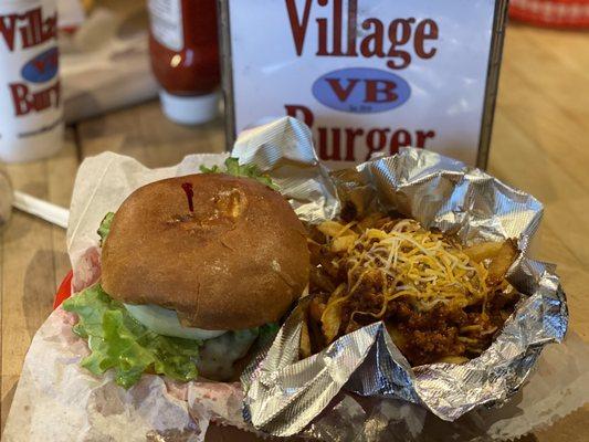 Village Burger with Chili Cheese Fries