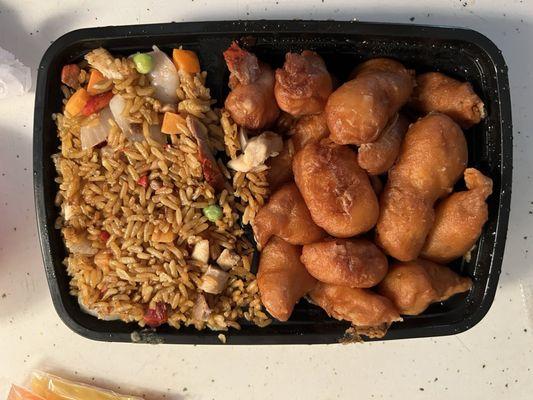 Sweet and sour chicken with special fried rice.