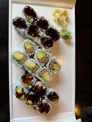 Sweet potato roll, avocado and tofu roll, avocado and peanut roll.