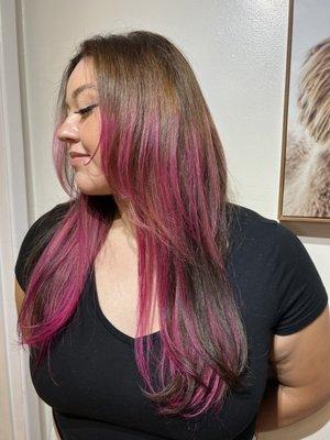 She has 20" tape in extensions. I colored her hair milk chocolate and toner her ends with pink