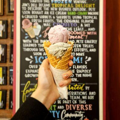 2 Scoops of Black Sesame & Ube in a Fresh Baked Waffle Cone