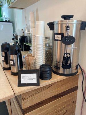 The coffee pot taster set up and you can pour yourself a full cup to purchase as well!