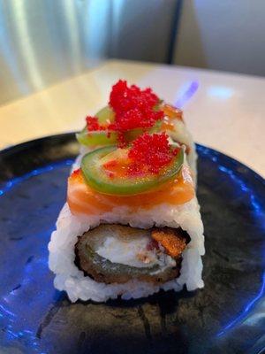 Dawg Roll - seared salmon, jalapeno popper, chili sauce & tobiko