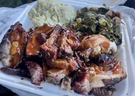 2-way combo: ribs, tri tip, potato salad, greens