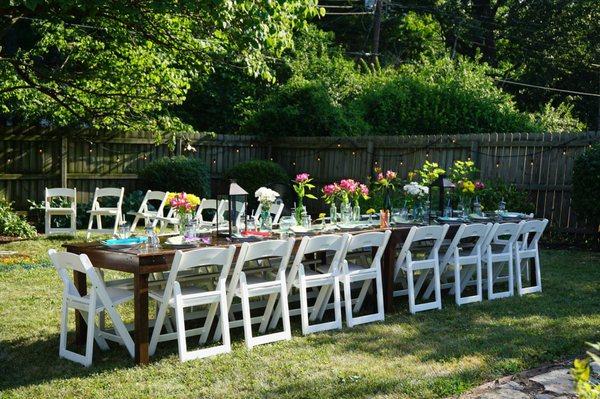 Plan the perfect backyard party with our farmhouse tables and fresh, bright table linens!