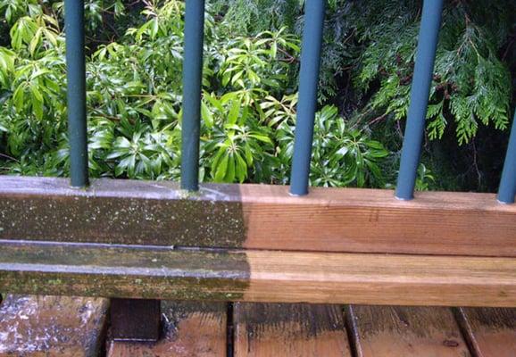 Dramatic difference before and after pressure washing a Pacific NW deck.