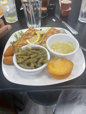 2-piece Grilled Salmon, with a side of cabbage and green beans.