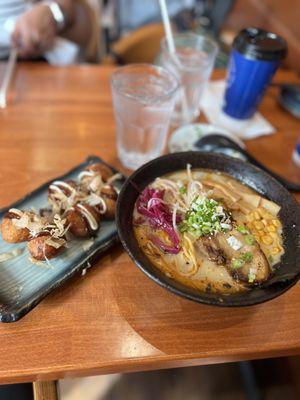 Takoyaki (nice and hot) , spicy tonkatsu ramen