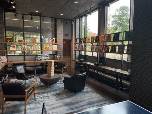 Lounge area with record players and giant jenga!