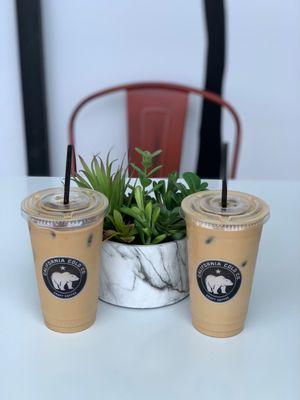 Iced caramel lattes with oatmilk.