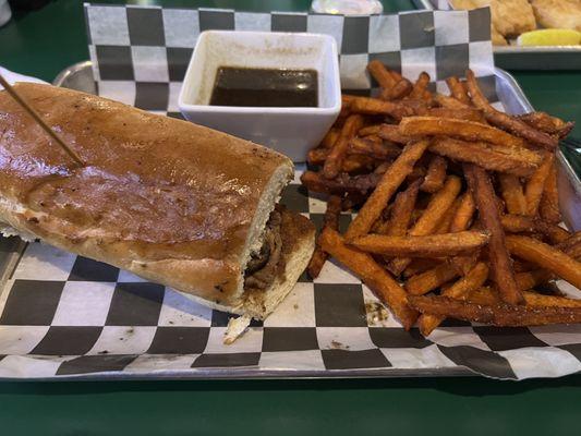 French Dip Au Jus Sandwich and Sweet Potato Fries