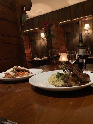 Lamb chop special and classic chicken parm in the wine cellar room. AMAZING!