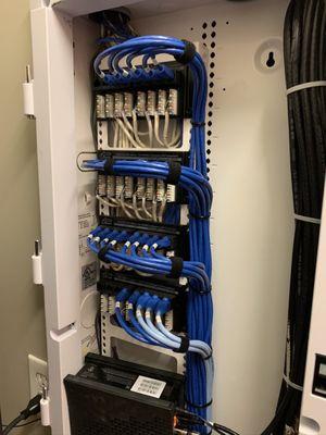 Network junctions cleanly wired in a client's network patch panel.