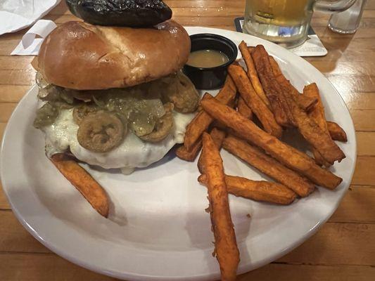 Chile verde burger with sweet potato fries