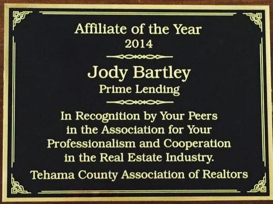 2014 Tehama County Association of Realtors - Affiliate of the Year.