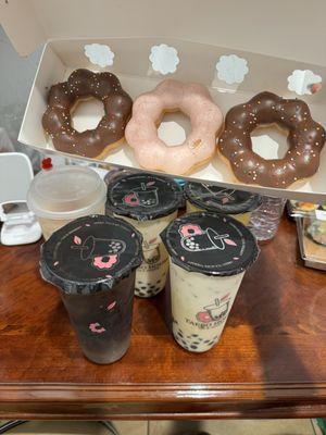 Mochi donuts, flamingo fruit tea, jasmine green tea, herbal tea