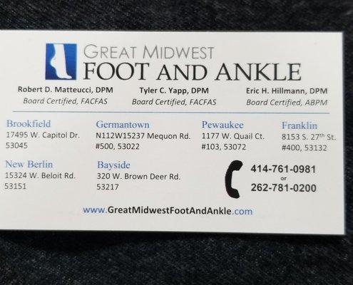 I could not have asked for a better doctor. Dr. Robert Matteucci is a god send. He was able to identify and correct my feet problems!