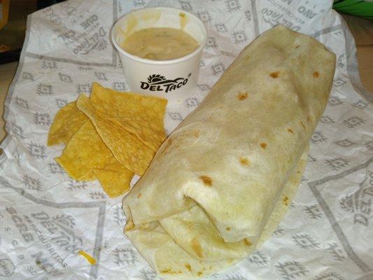 Burrito combo with chips and queso.