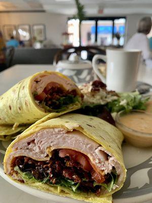 Turkey bacon wrap with side salad lunch special, hot tea