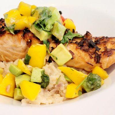 Coconut Salmon with Coconut Risotto Topping with Mango  & Avocado