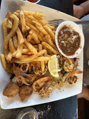 Fish & Shrimp grilled platter with fries and red beans & rice