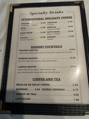 Desert Drink Menu