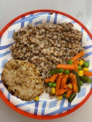 Chicken patty, buckwheat and steamed vegetables.