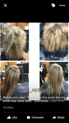 Before with curly- home color.  After color correction/blow out.