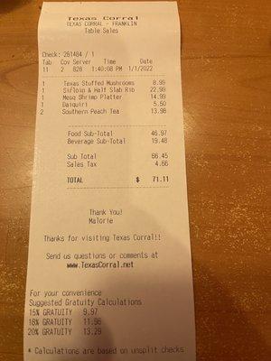 Bill for two people with an appetizer drinks and Entrée