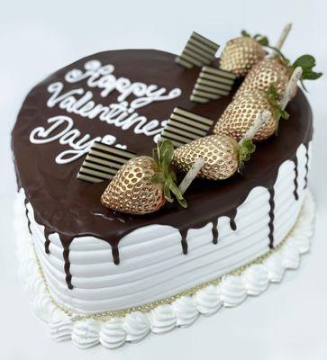 "Happy Valentine's Day" chocolate covered cake with gold strawberries and chocolate