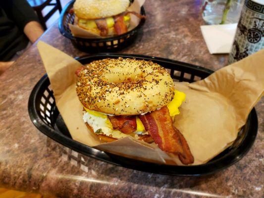 Bacon, egg & cheese on everything bagel sandwich