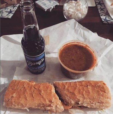 Shrimp Po'Boy, Gumbo, and a glass bottle of Barq's