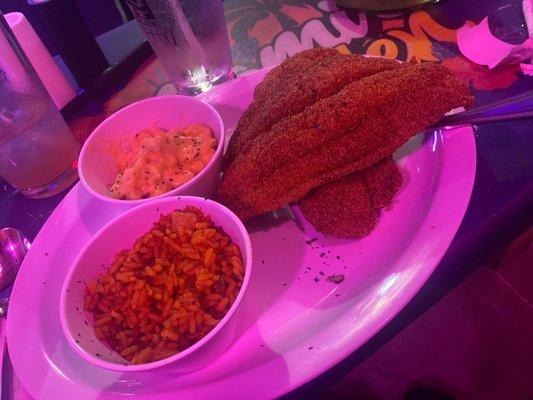 Fried Catfish, macaroni and jollof rice