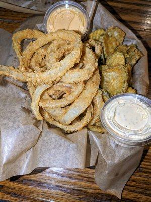 50/50 Combo - Onion Straws w/ petal sauce and Pickle Chips
 w/ jalapeno ranch