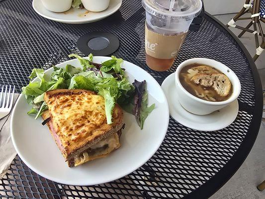 Half croque monsieur, petit field greens salad, French onion soup