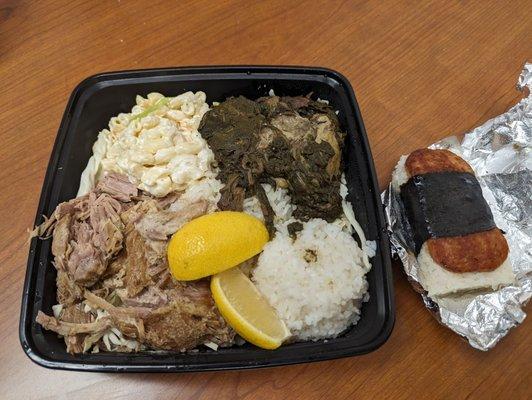 Hawaiian plate (Lau Lau, Kalua Pork, macaroni salad, white rice) and a Spam Musubi.