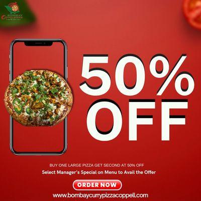 Buy one large pizza and get the second for 50% off! Don't miss out on this delicious deal at Bombay Curry Pizza. Satisfy your cravings and s