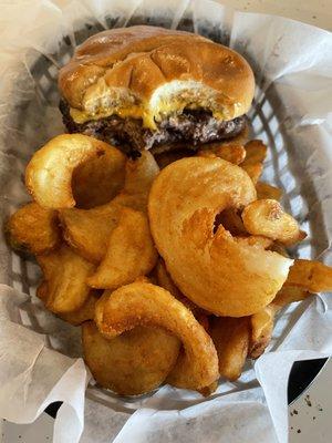 Atmosphere bright, clean and cheery. The cheeseburger was heavenly, hot and tasty.