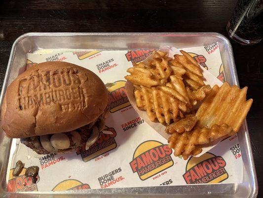 Mushroom and Swiss burger, without the Swiss cheese and the crunchiest waffle fries!