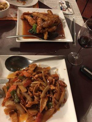 Sesame chicken and Szechwan chicken.