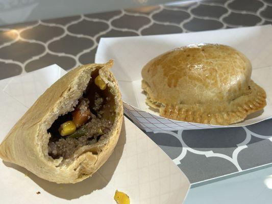 meat pie had well seasoned ground beef and carrots and corn. Great texture on the pastry