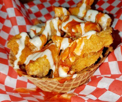 Chicken bites in waffle bowl