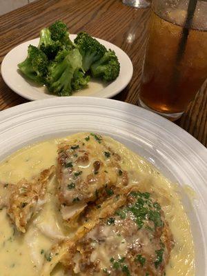 Whitefish Francaise with a side of broccoli